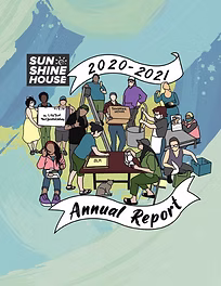 Sunshine House 2020-2021 Annual Report cover with diverse group of people, art by Sunshine House.
