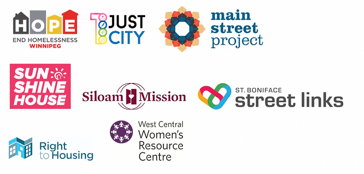 Logos for the following organizations: End Homelessness Winnipeg, 1 Just City, Main Street Project, Sunshine House, Siloam Mission, St. Boniface Street Links, Right to Housing, West Central Women's Resource Centre